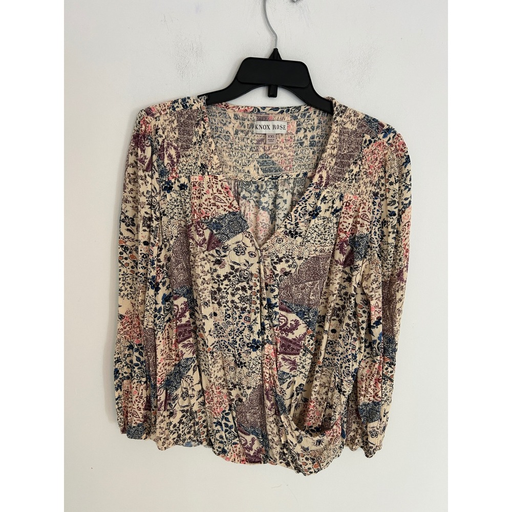 Knox Rose Womens XXL Floral Patchwork Blouse Long Sleeve Smocked V-Neck‎ Rayon